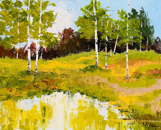 Summer green landscape painting with Reflections