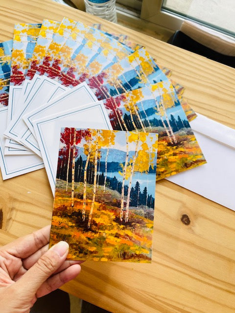 Aspen Tree Art with Lake Notecard with Mountains. Thank you Cards with envelope. Set of 5