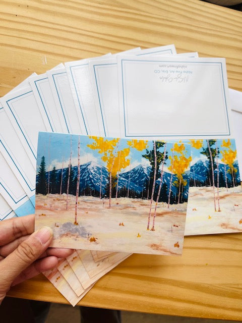 Aspen Tree Winter Art Notecard with Mountains. Thank you Cards with envelope. Set of 5