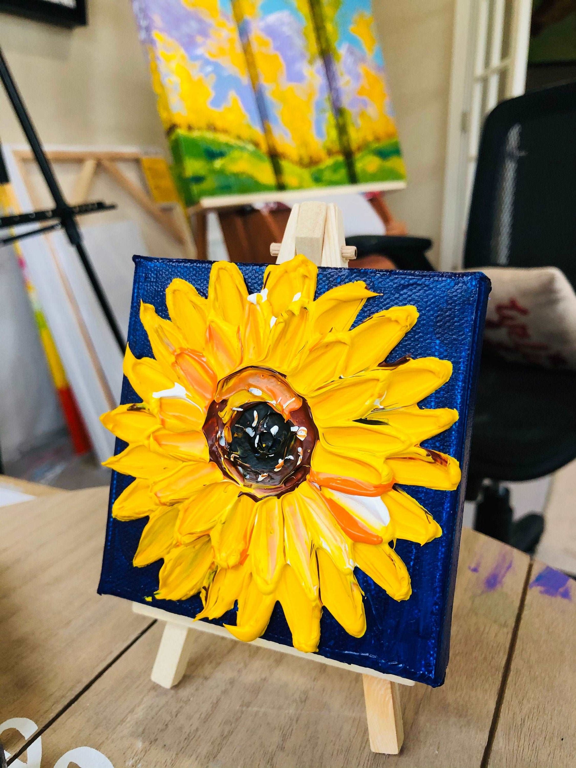 Sunflower Painting Mini Canvas with easel, Sunflower Gifts by