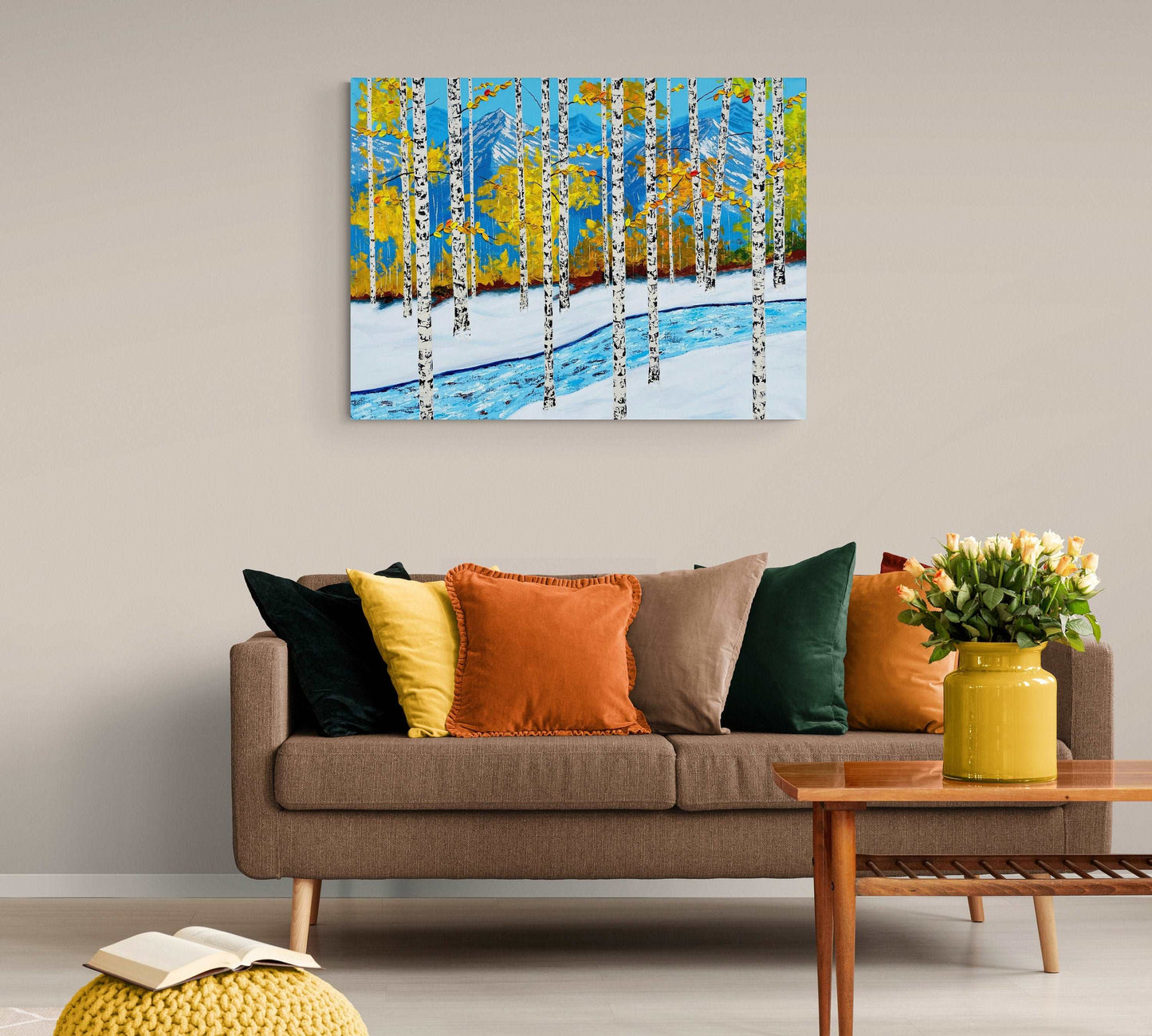 Landscape Painting, Aspens with River